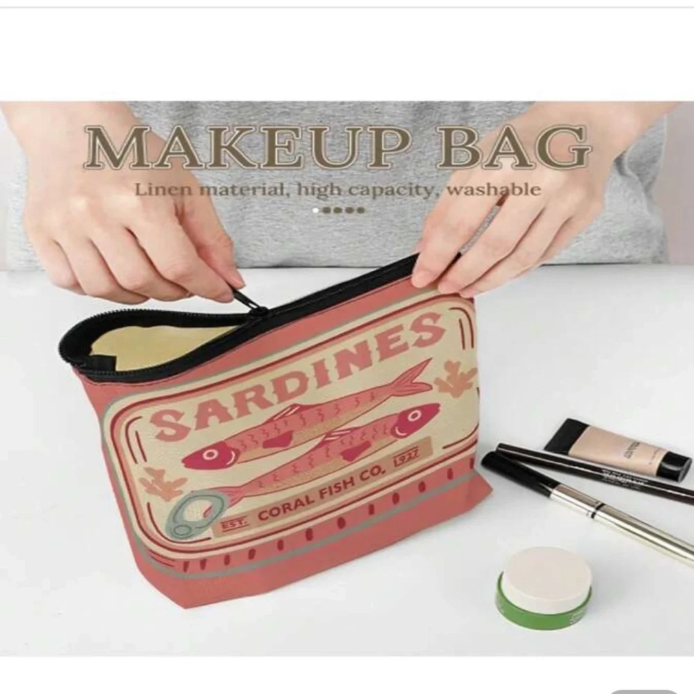 New Pink and Cream Sardines Make Up Carryall Canvas Zip Top Pouch OS - Picture 4 of 15